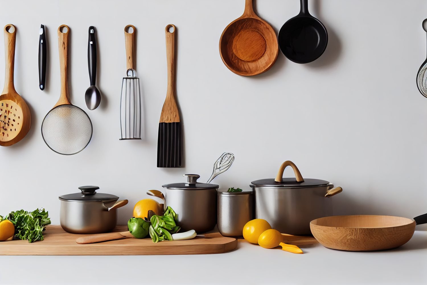 kitchen-counter-with-variety-kitchen-utensils-hanging-wall kitchen-counter-with-variety-kitchen-utensils-hanging-wall